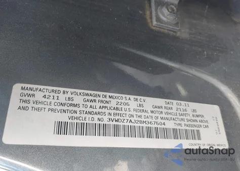 2011 Volkswagen Jetta 2.5L Se from USA, damaged, VIN 3VWDZ7AJ2BM367504